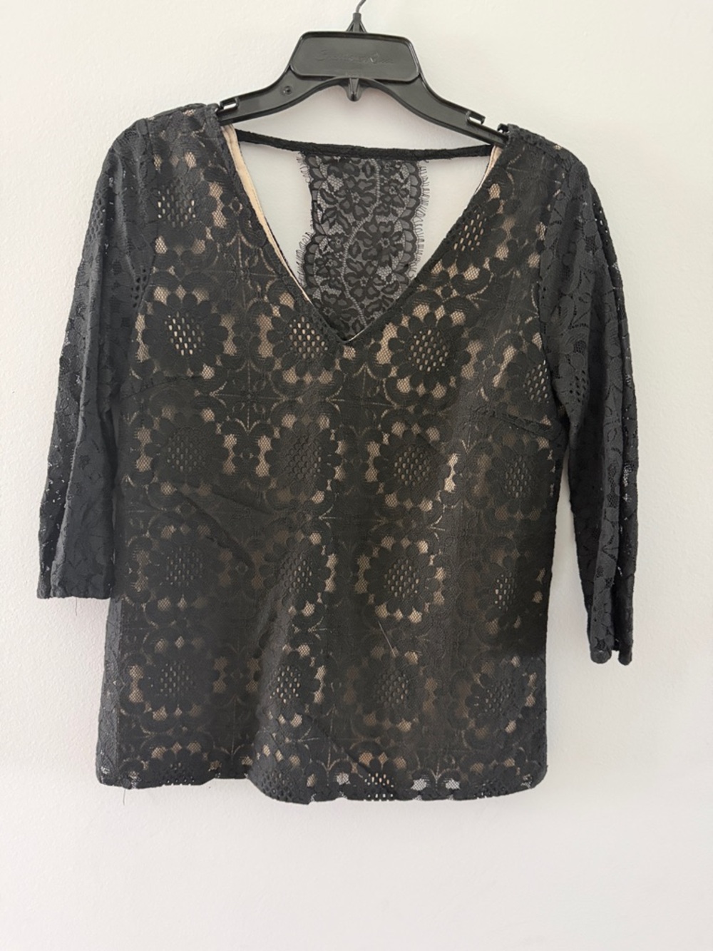 Skies Are Blue Black Floral Lace V-Neck Blouse